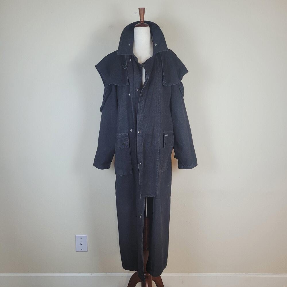 VTG Stoney River Coat Mens Medium Black Denim Duster Western USA Drover Outback‎